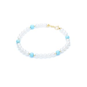 Bracciale Perle Bianche alternate con Turchese Naturale da 5 mm in Oro 18 kt