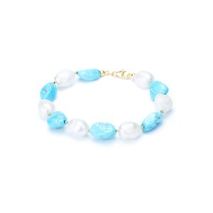 Bracciale con Sassi di Turchese Perle Barocche e Oro 18 Kt