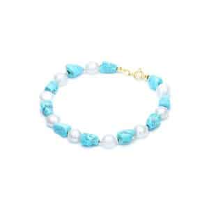 Bracciale Turchese e Perle Bianche Bracciale con Turchese Naturale Barocco e Perle Bianche da 4 mm in Oro 18 kt