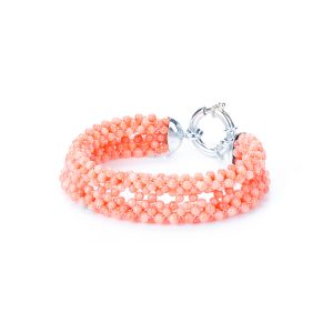 Bracciale Corallo Rosa Tessito in Argento 925 con doppio cordino e Corallo Rosa giapponese, Collezione Grandi Classici.