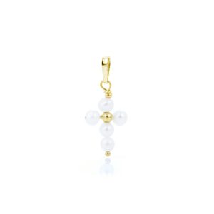 Ciondolo Croce con Perle Bianche in Oro 18 kt mis. Piccolo