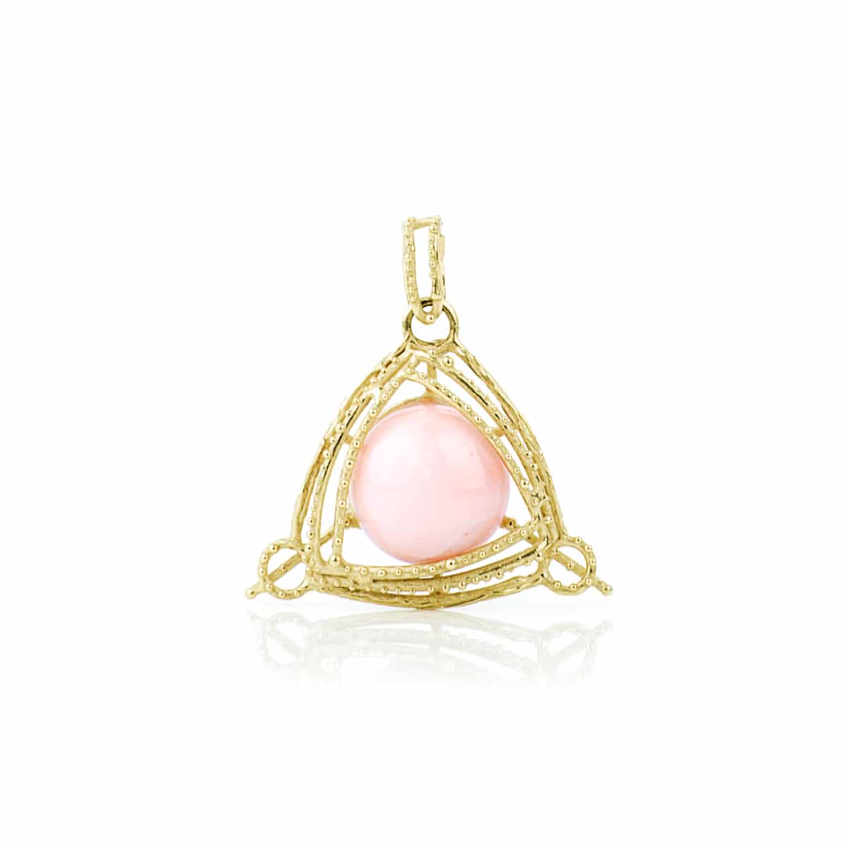 Ciondolo Triangolare con Cabochon Tondo in Corallo Rosa in Oro