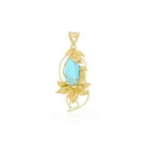 Ciondolo Unique Cabochon a Goccia di Turchese Naturale con Rami e Foglie in Oro 18 kt