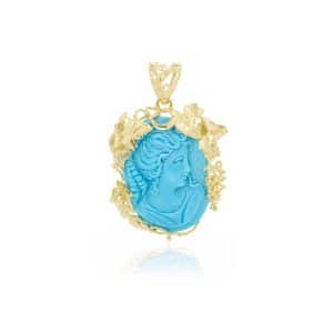 Ciondolo Unique Cammeo su Turchese Naturale in Oro 18 kt, incisione artigianale su turchese dell’Arizona, Collezione Unique.