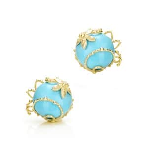Orecchini Unique Cabochon Tondo di Turchese con Fiori e Rami in Oro 18 kt