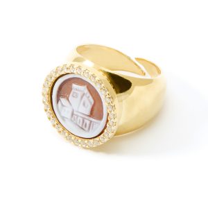 Anello Sigillo Zirconi e Cameo Torre dei Templari in Argento Dorato
