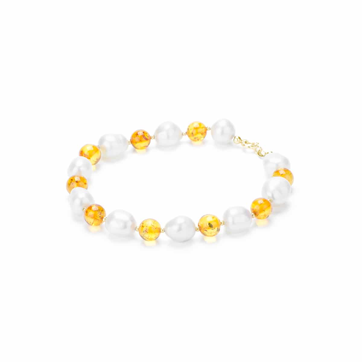 Bracciale Perle Bianche di Acqua Dolce con Ambra Naturale e Oro 18 kt