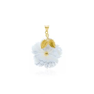 Ciondolo Fiore di Madreperla Bianca da 25 mm con Foglie in Oro 18 kt
