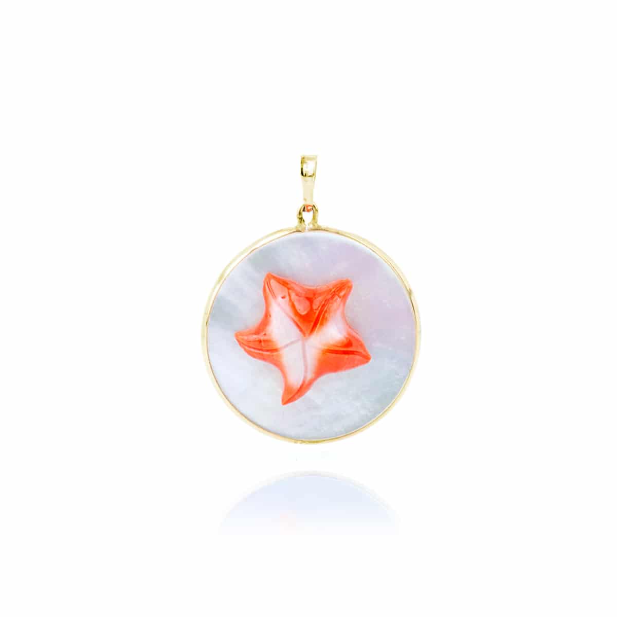 Ciondolo con base in Madreperla e Stella Marina di Corallo Rosso in Oro 18 kt