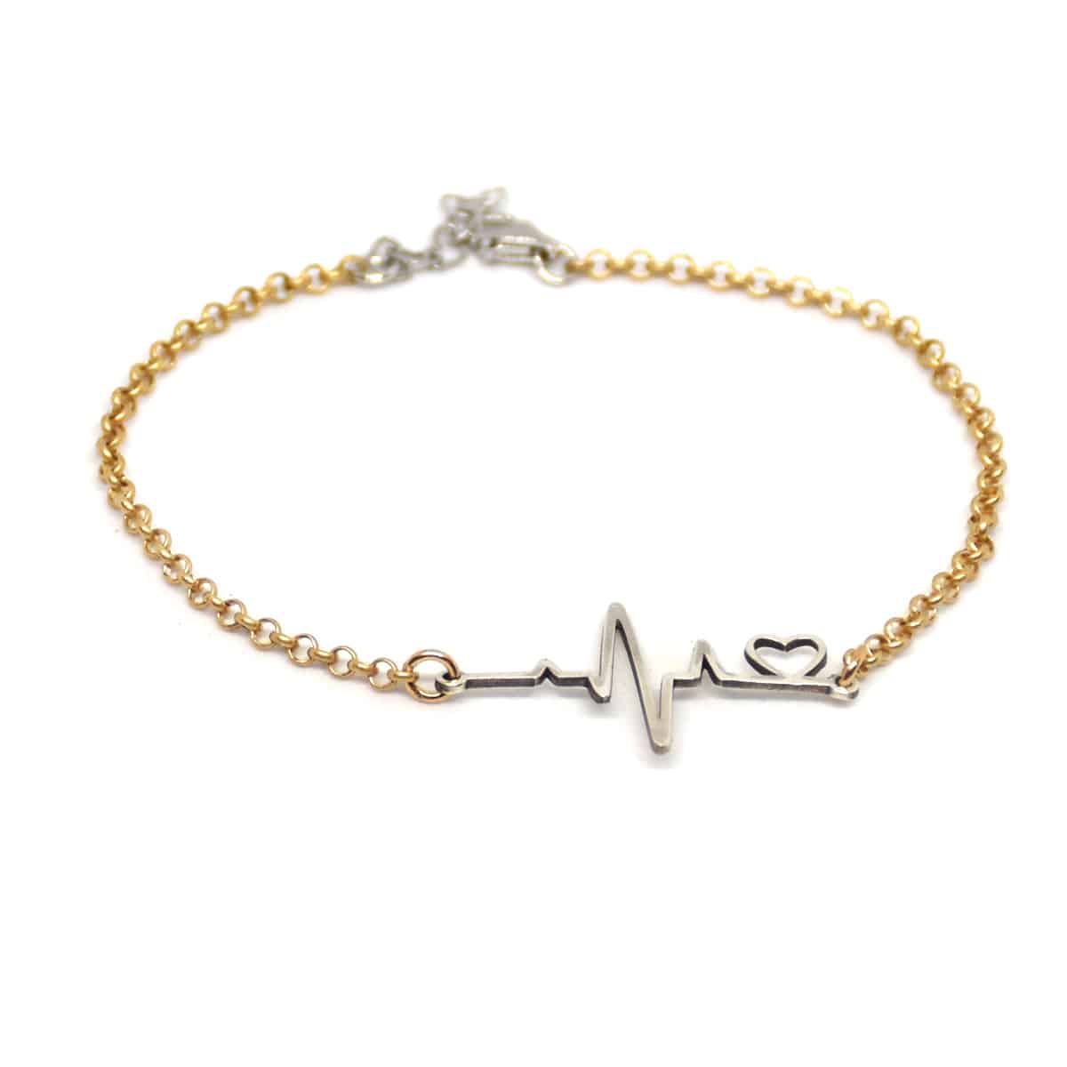 Bracciale Battito del Cuore in argento dorato con centrale in filo d’argento bianco raffigurante battito cardiaco e cuore.