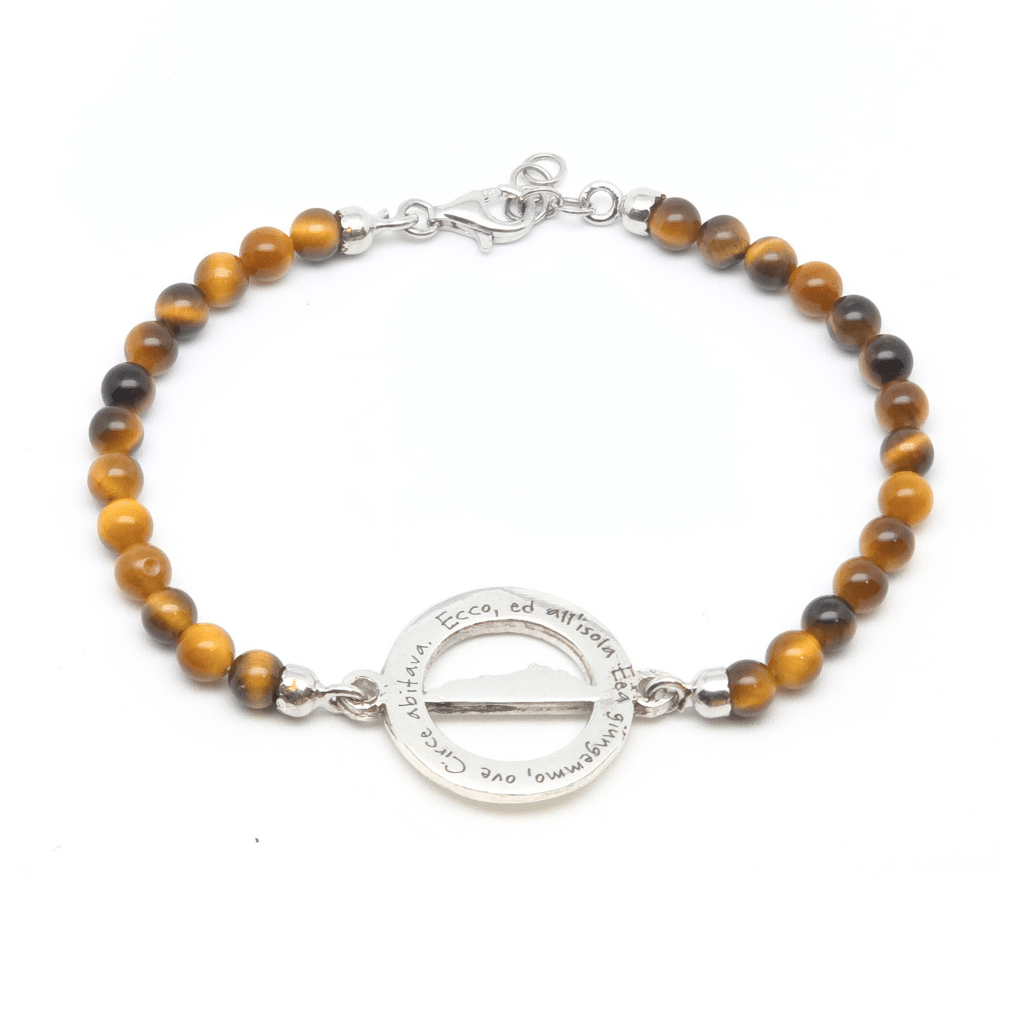 Bracciale Odissea Occhio di Tigre in Argento 925, perle di Occhio di Tigre da 4 mm e centrale Odissea, Collezione Odissea.