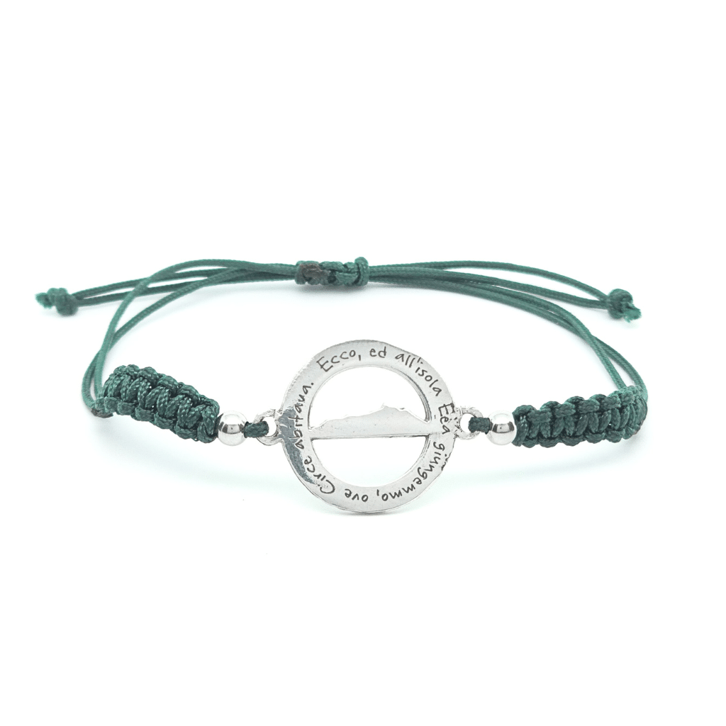 Bracciale Odissea Verde Militare con medaglia in argento incisa e sagola nautica intrecciata a macramรจ, Collezione Odissea.