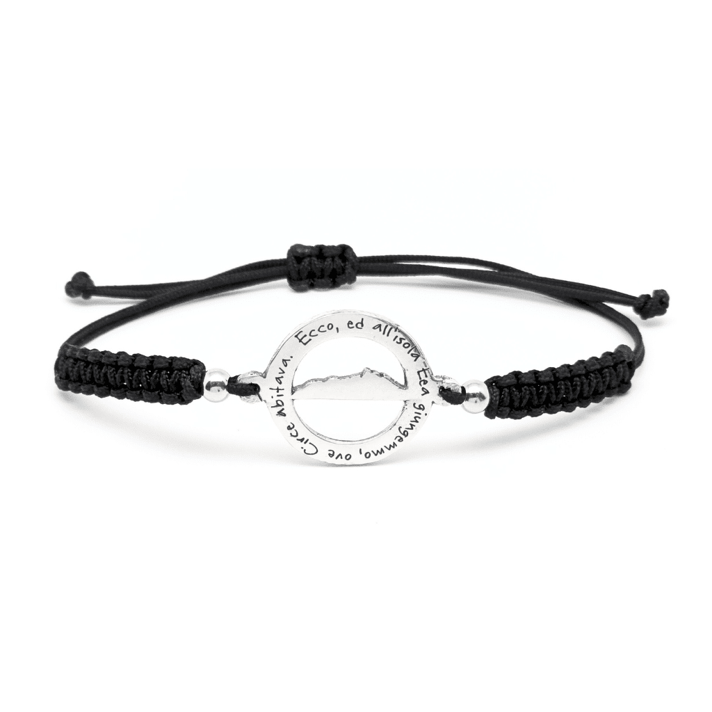 Bracciale Odissea Nero con medaglia in argento incisa e sagola nautica intrecciata a macramรจ, Collezione Odissea.