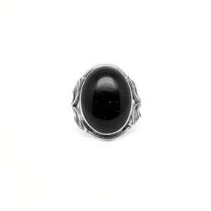 Anello Onice Nero Vintage in Argento 925 con cabochon 14x20 mm, montatura classica e design raffinato.